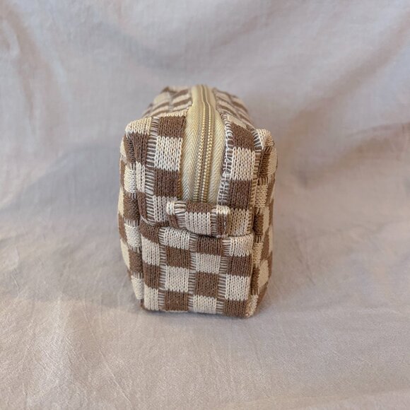 Brand New Small Brown and Cream Checkered Fabric Pouch - Picture 4 of 6